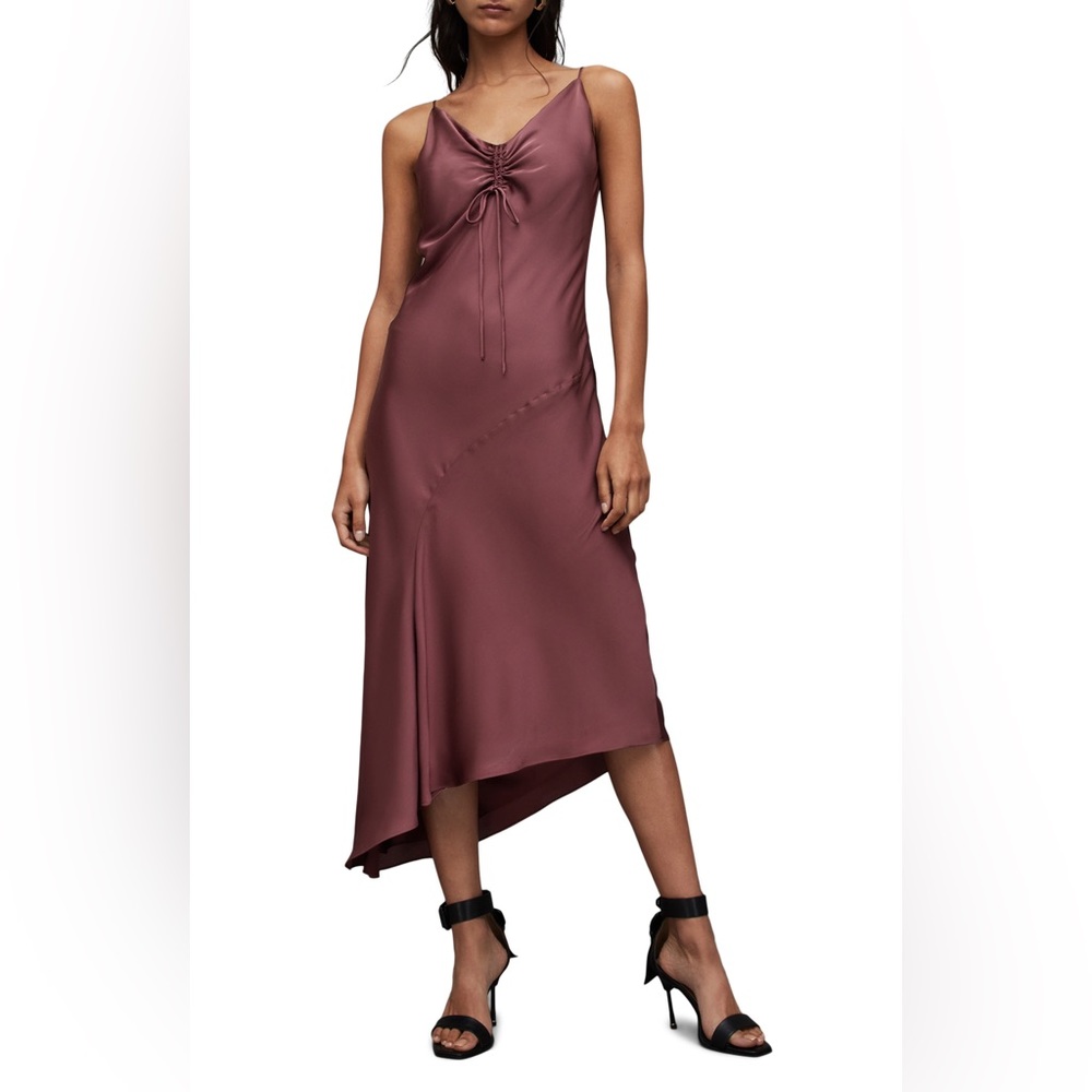 All Saints Alexia Asymmetric Satin Midi Slip Dress size 4US NWT